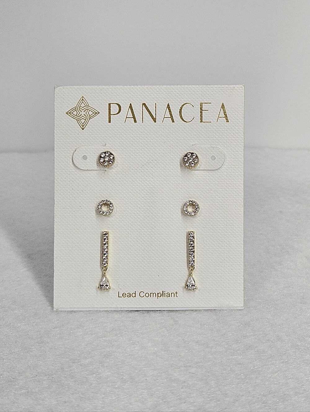 Panacea 3 Pair Earrimgs Gold Tone Glass Rhinestones Prong Set Studs Circle Line